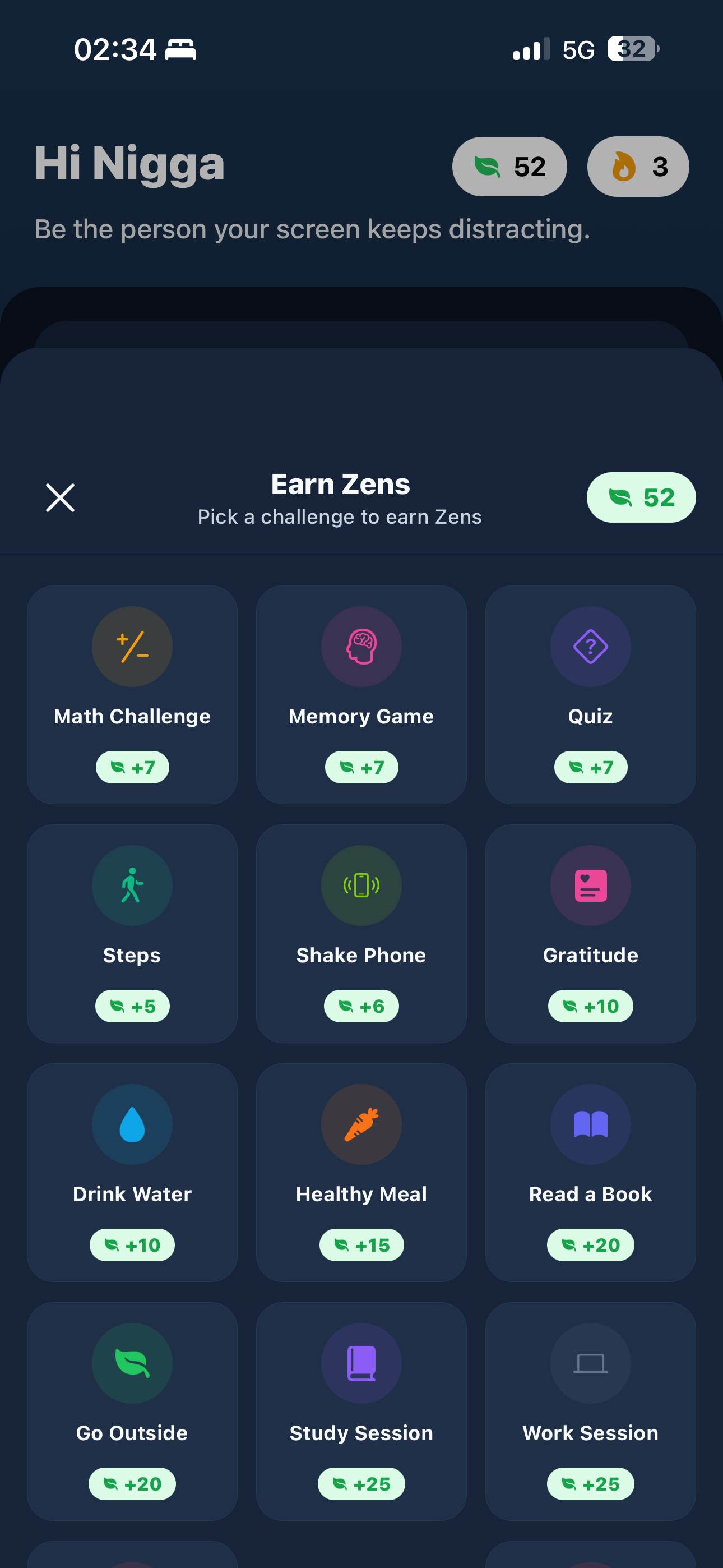 Earn Zens by completing mindful challenges in Zenvi