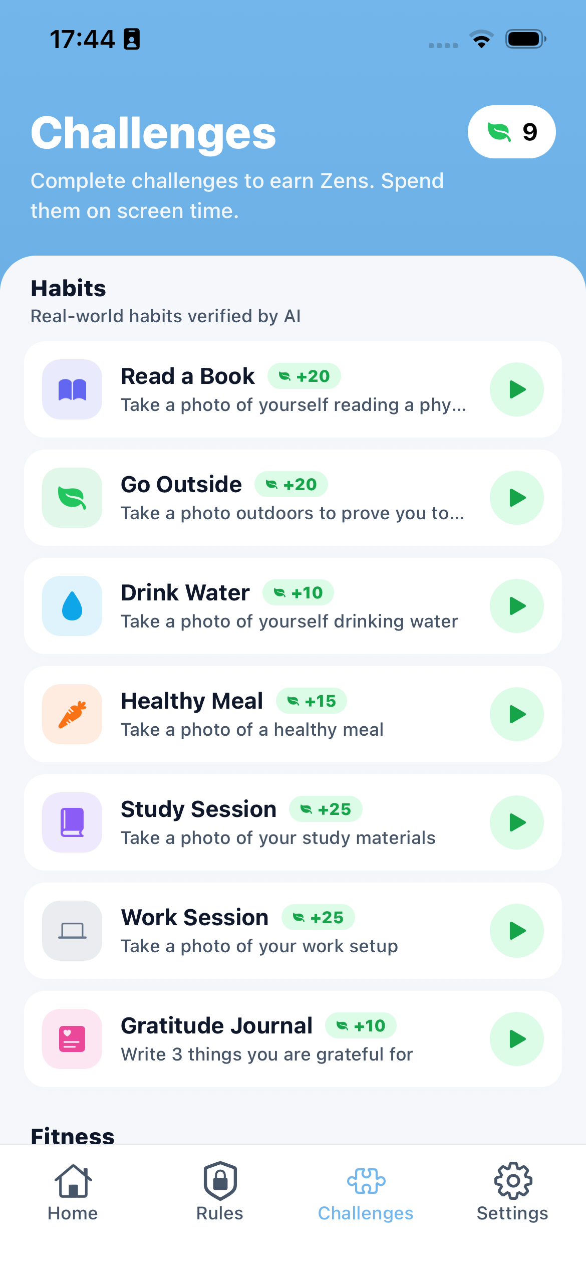 Zenvi habit list — earn app access through intentional actions