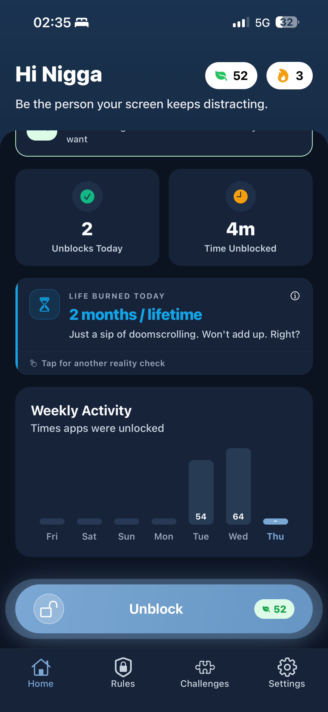 Zenvi home stats — daily Zens earned, blocked time, and habits
