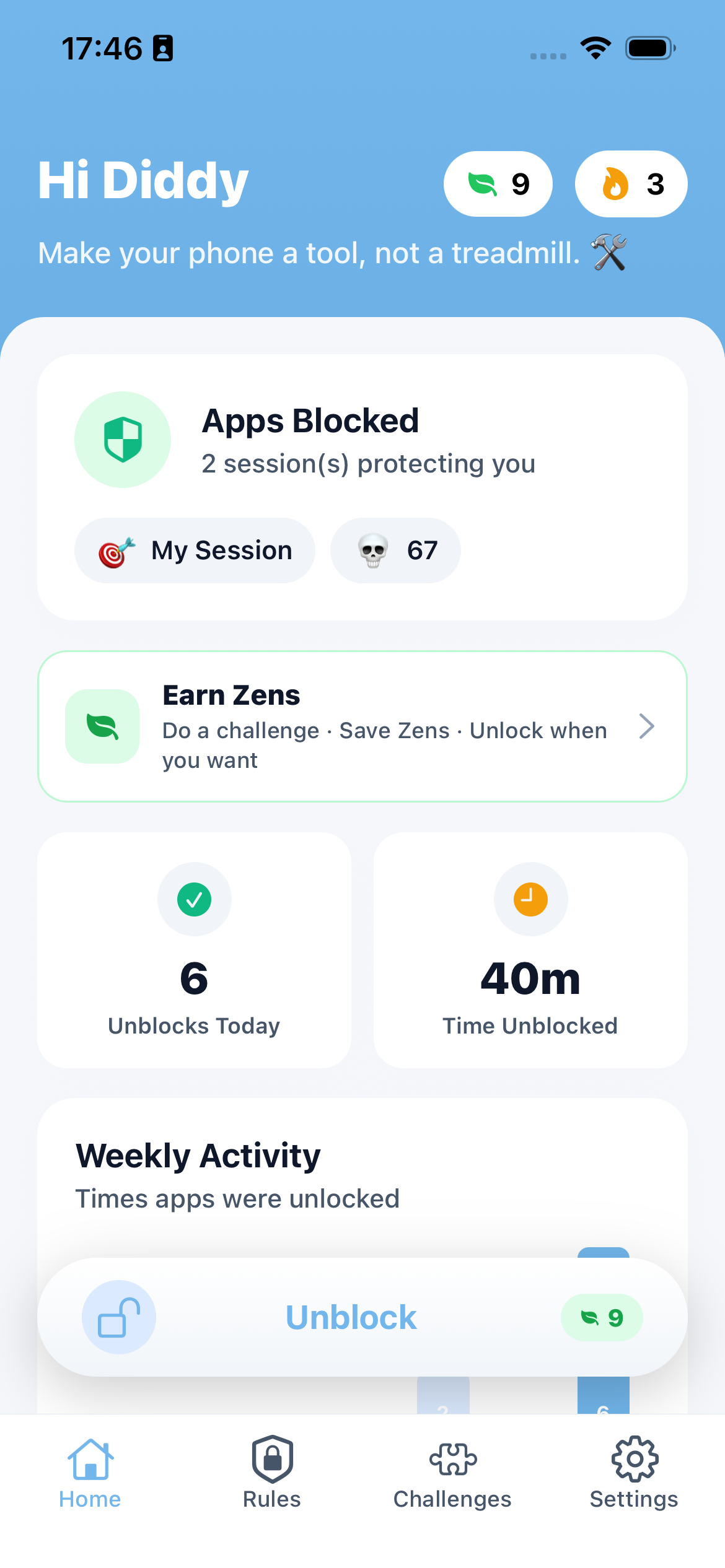 Zenvi iPhone screen time app home — daily Zens earned and blocked apps