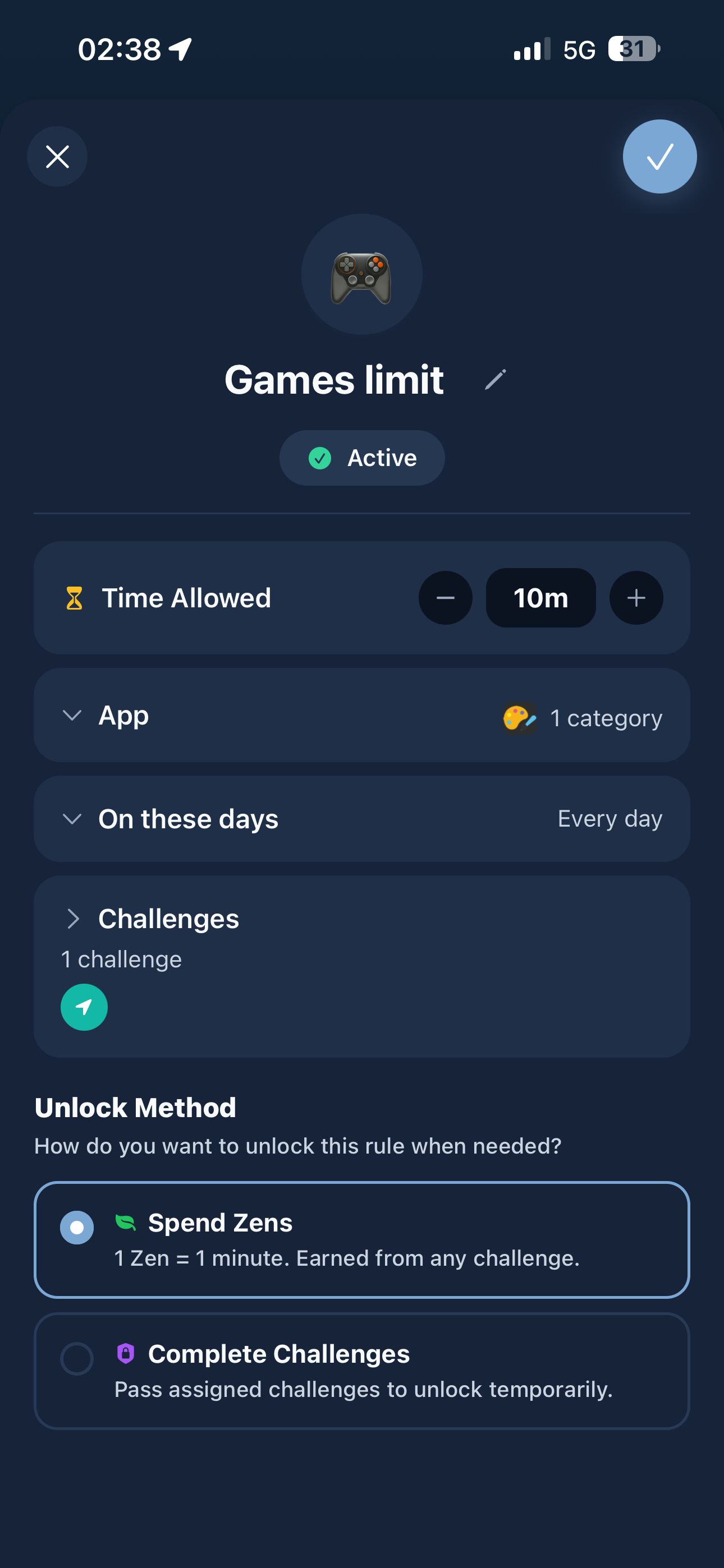 Zenvi rule detail — block Instagram with a math challenge to unlock