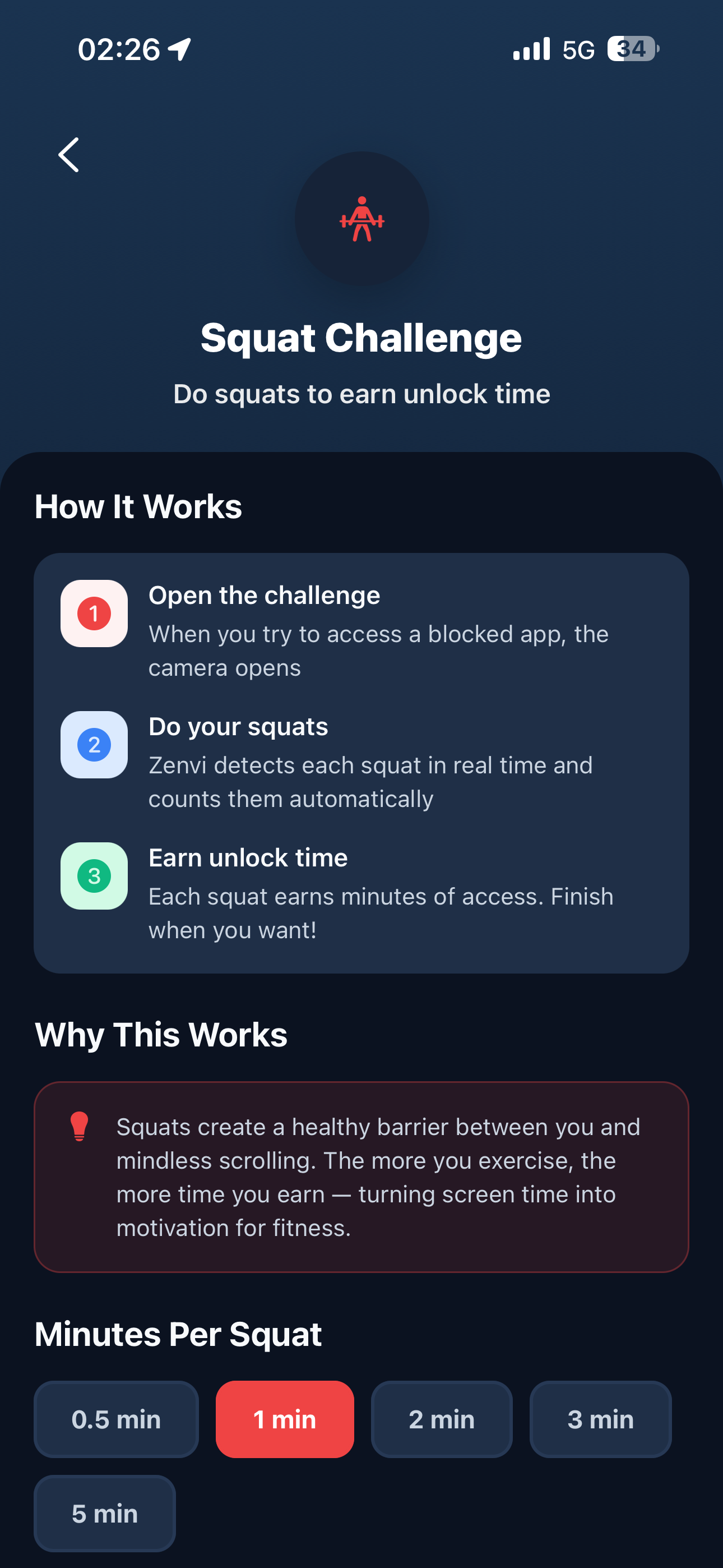 Zenvi fitness challenge — squats to unlock distracting apps