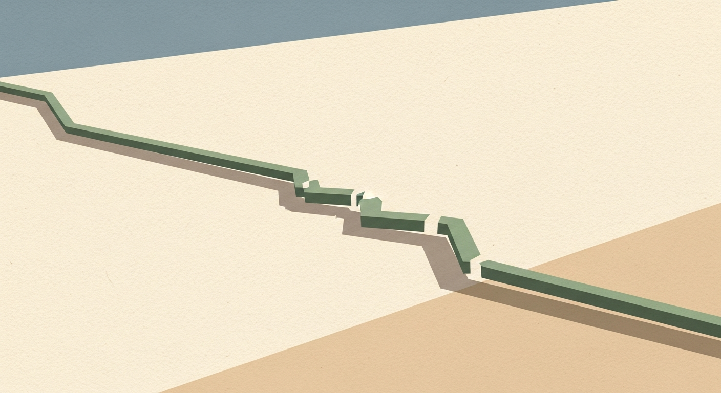 Editorial illustration: a single sage line drawn across cream paper, broken into drifting segments by clean gaps, low oblique angle, deep negative space