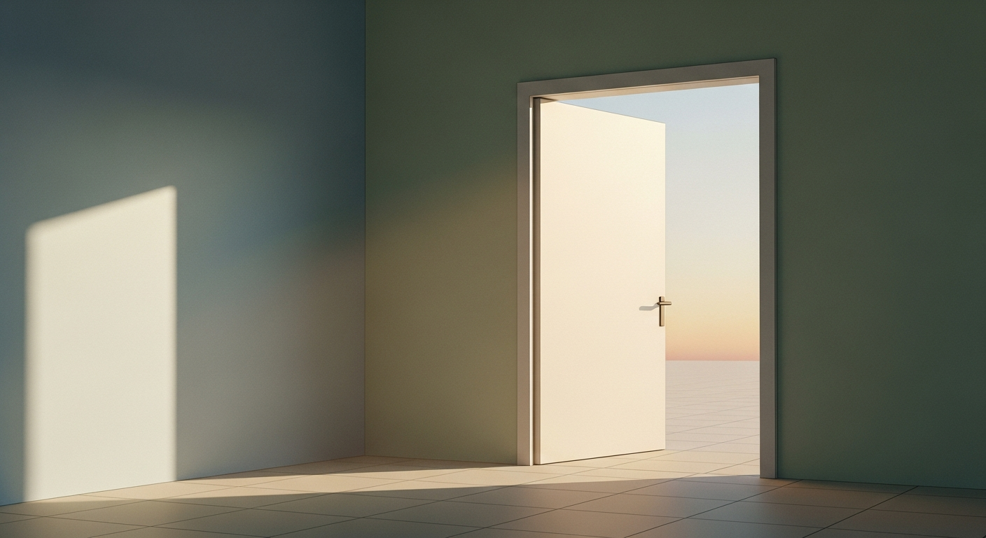 Editorial illustration: an open doorway with warm dawn light spilling across a stone floor, dim wall on the left