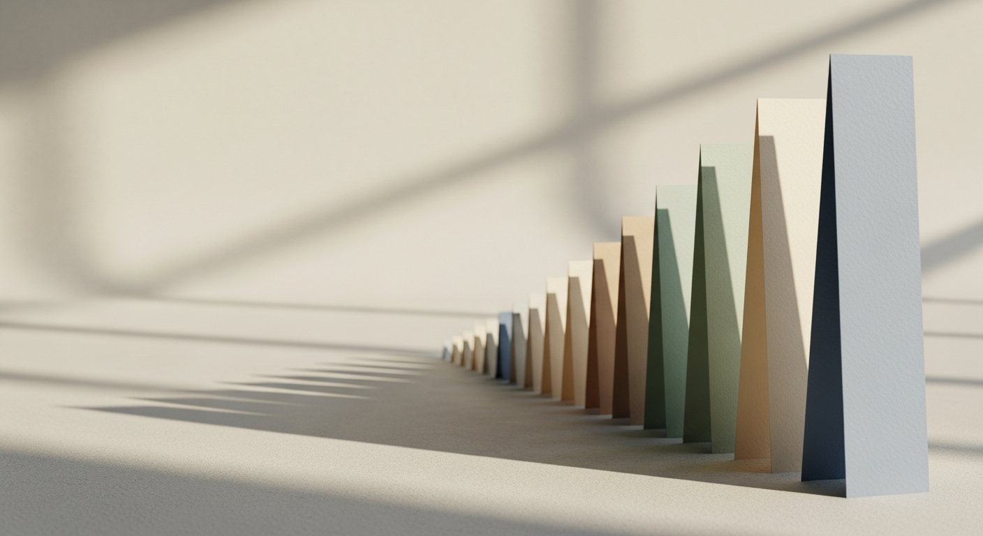 Editorial illustration of a row of folded paper forms rising from a barely-raised flat crease to a tall standing fold, on a pale surface, viewed from a low oblique angle with long soft shadows