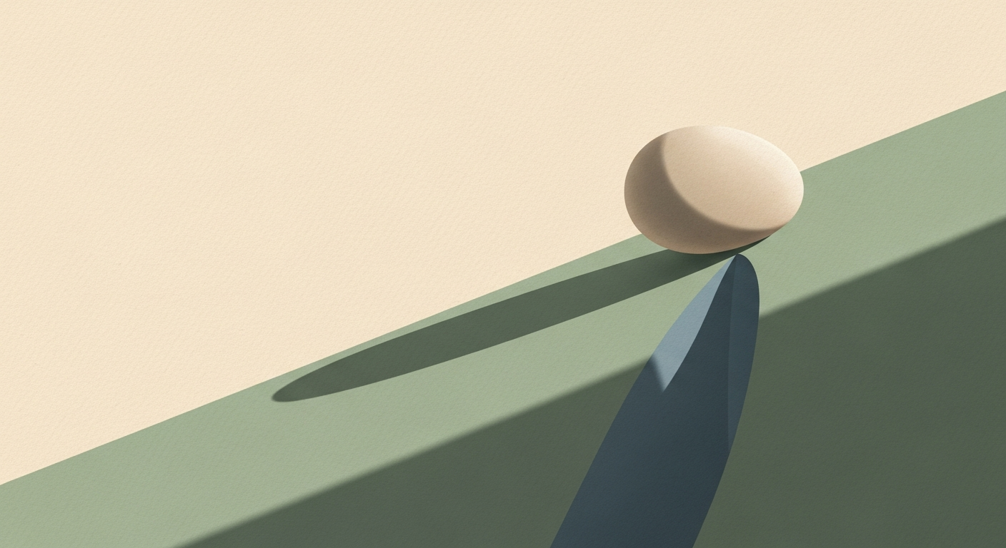 Editorial illustration of a single smooth rounded stone resting partway down a gently inclined surface, held against the slope by friction, deep cast shadow, off-center to the right, calm muted sage and cream palette
