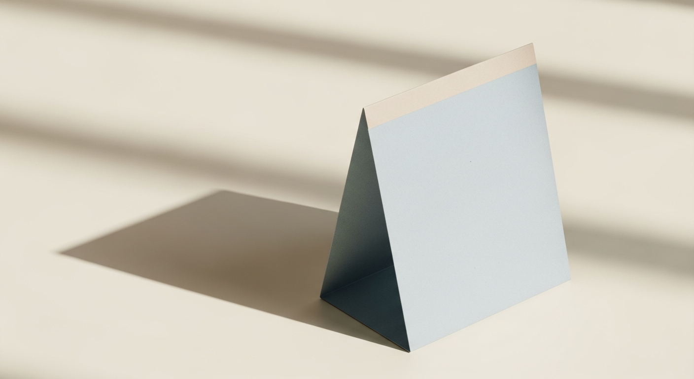 Editorial illustration: a single smooth river stone resting off-center on pale linen, soft low side light casting a long shadow into open negative space