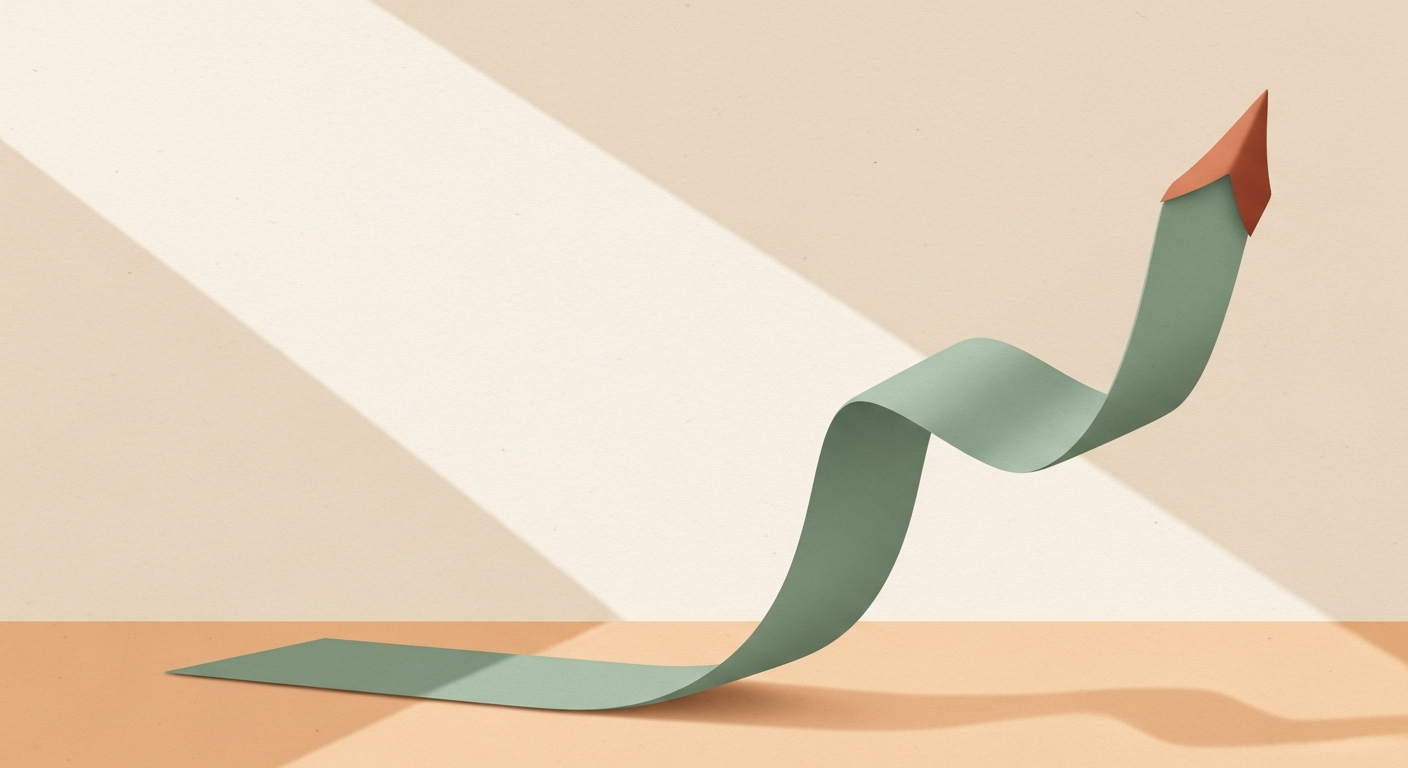 Editorial illustration: a single length of sage ribbon caught mid-motion in an upward arc against a cream background, off-center to the right, viewed from a low diagonal angle, long soft shadow, calm muted palette with a warm terracotta accent, plenty of negative space on the left, no people, no text, 16:9