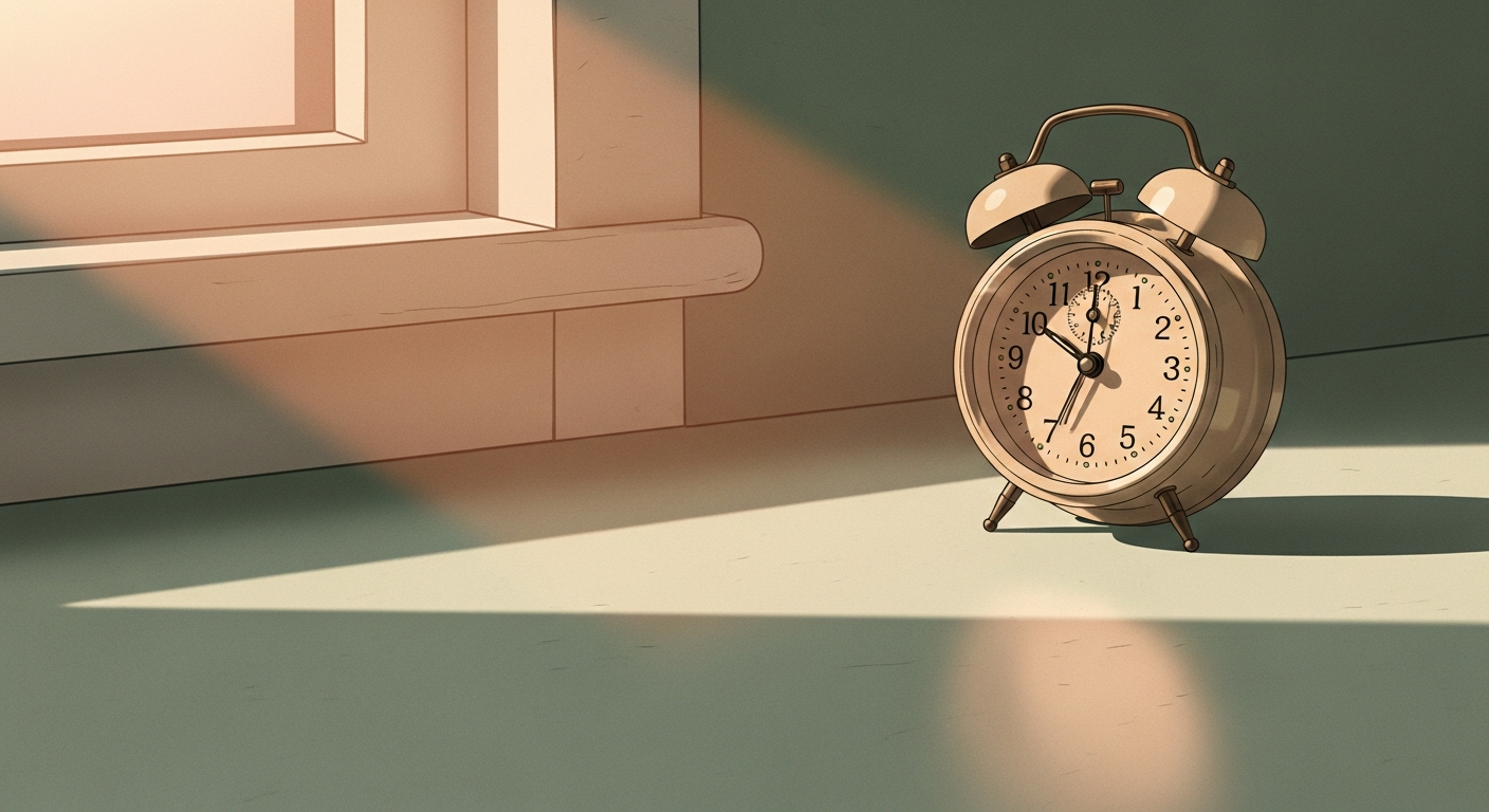 Editorial illustration: a vintage alarm clock on a windowsill in soft dawn light, off-center, long shadow