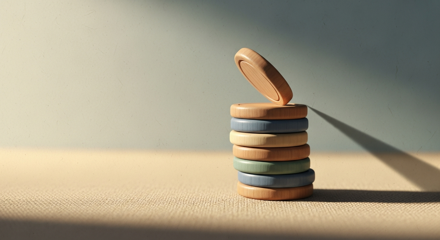 Editorial illustration of a small neat stack of smooth round wooden tokens off-center to the right on a warm beige linen surface, the top token tipped on its edge casting a long diagonal shadow, low oblique angle, calm muted palette
