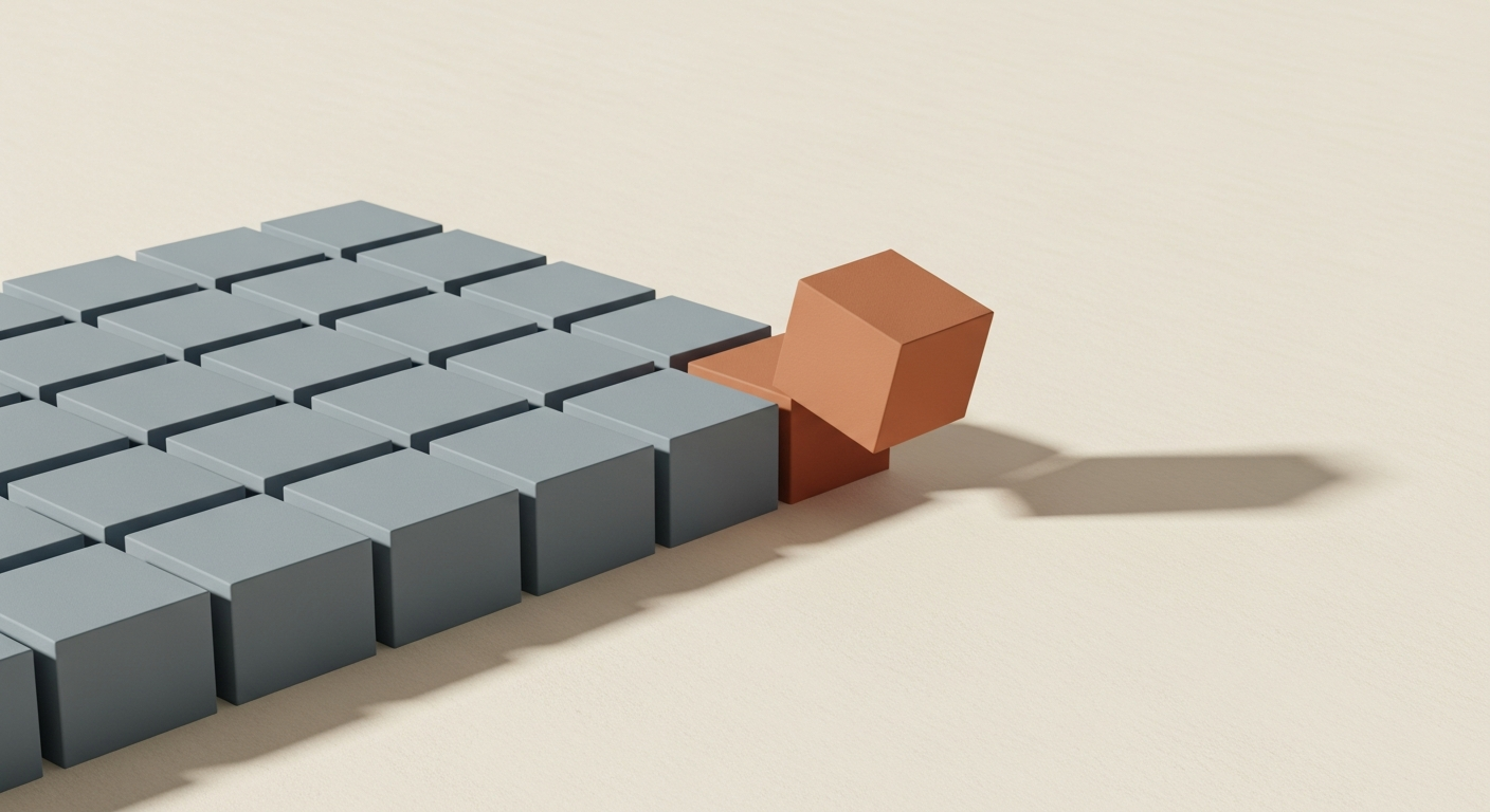 Editorial illustration of a strict grid of muted blue cubes like a weekly calendar, with one warm terracotta cube lifting out of the grid and casting a long shadow