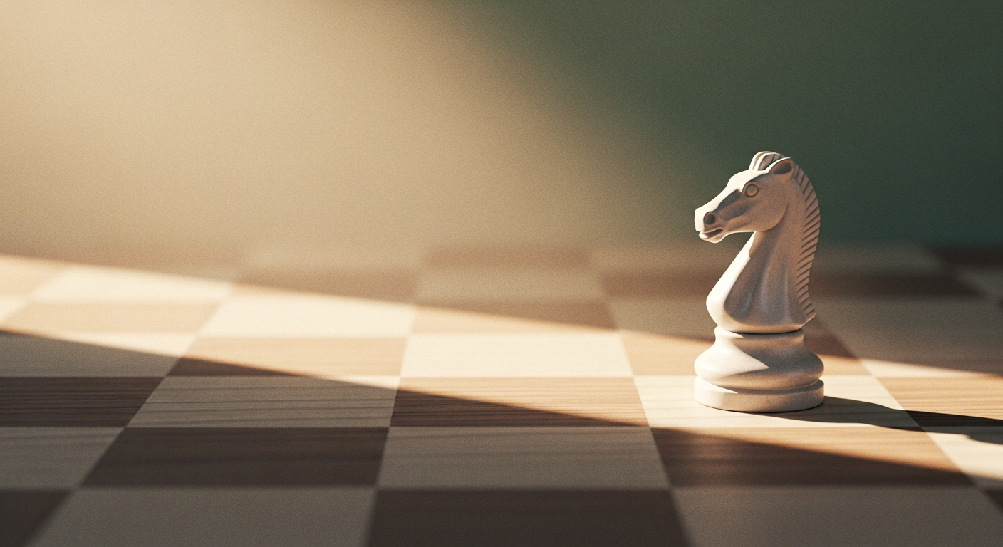 Editorial illustration: a single white chess piece on a quiet wood-grain board, viewed from a low diagonal angle, piece placed on the right third of frame, warm soft side light from the left, calm muted cream and warm wood tones, deep shadow on the upper left, no text, 16:9