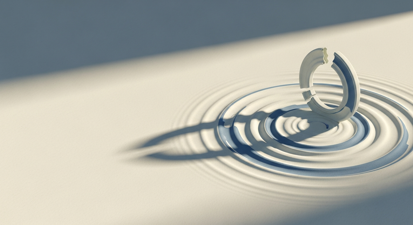 Editorial illustration of concentric ripple rings on a calm surface with one outer ring broken and offset, viewed from a low oblique angle, off-center to the right, deep shadow, muted cream and sage palette with a dusty blue accent