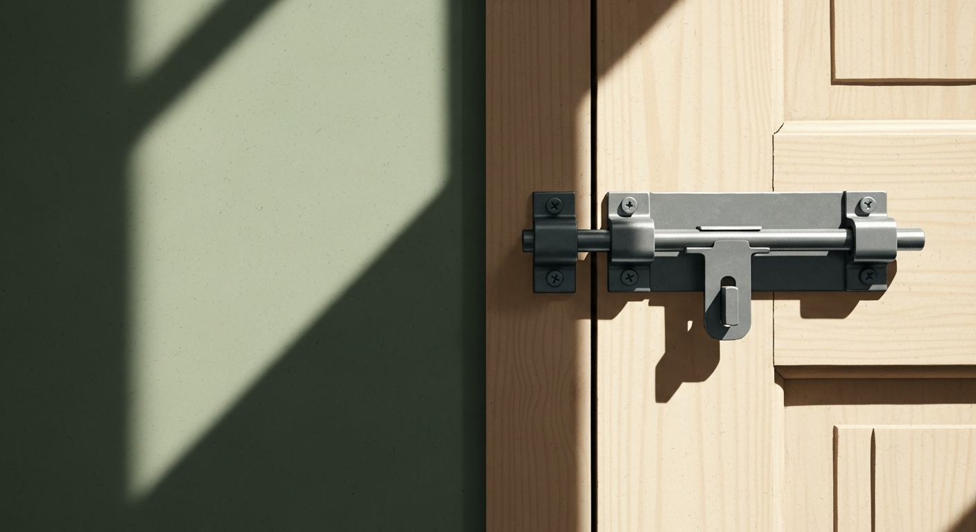 Editorial illustration of a heavy iron sliding bolt latched across a pale wooden door, off-center to the right, low oblique angle, deep diagonal shadow, calm muted palette of cream, sage, and warm beige with plenty of negative space on the left