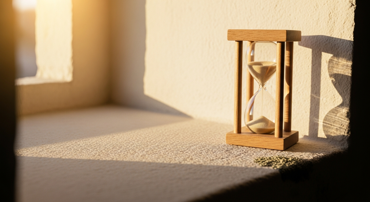 Editorial illustration of a wooden hourglass resting on a stone windowsill in warm dawn light, off-center to the right with a long shadow