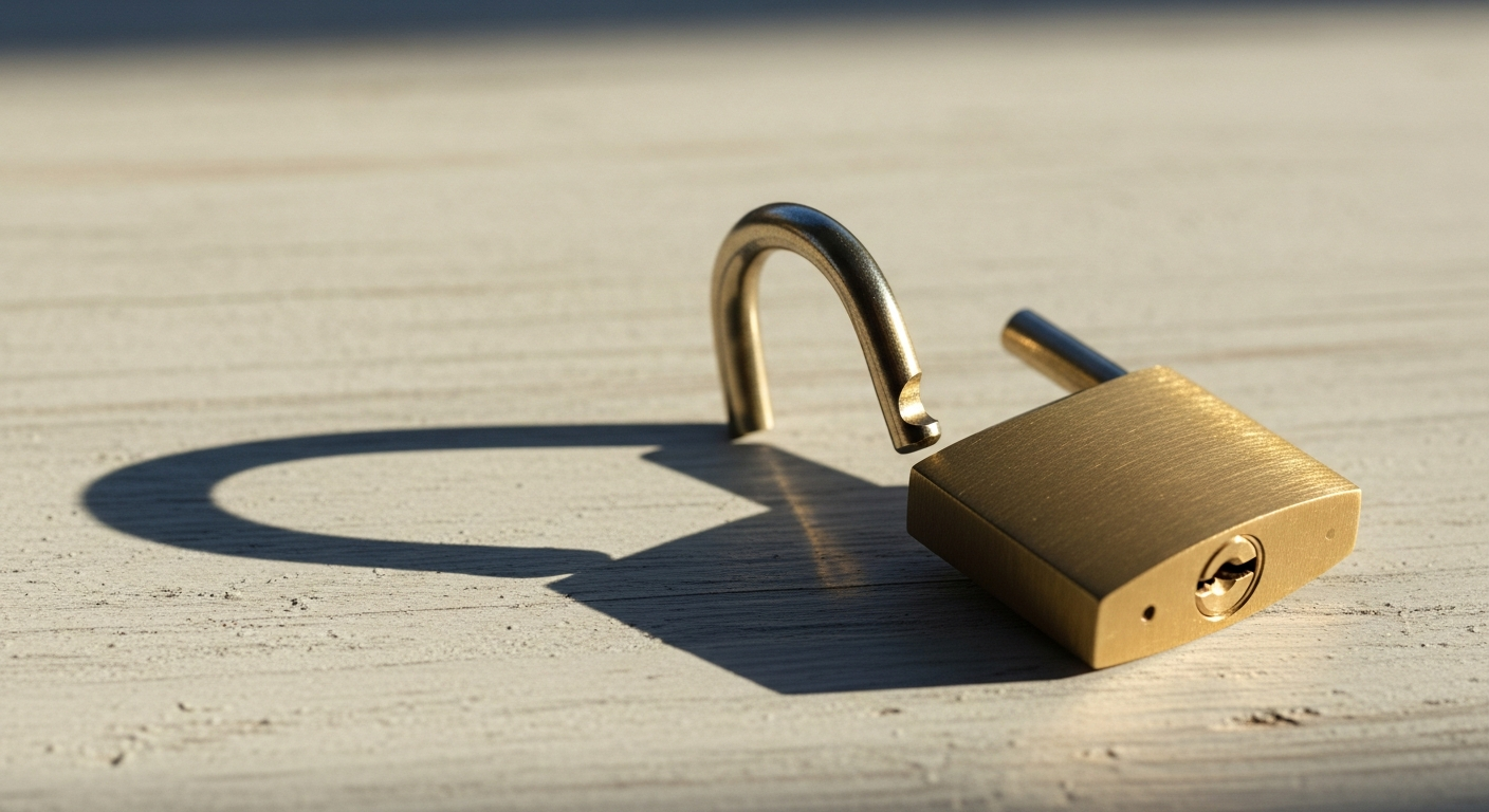 Editorial illustration of an unlatched brass padlock hanging open on a weathered wooden surface, off-center to the right, lit by soft diagonal morning light with a long shadow