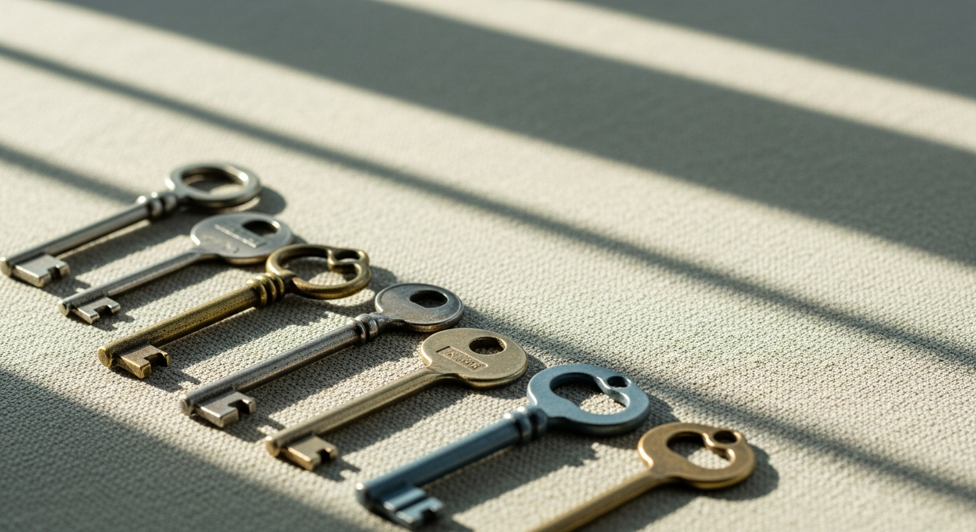 Editorial illustration: a row of several distinct antique keys of varying shapes laid out in a loose diagonal across a textured linen surface, off-center to the left, low oblique angle, calm muted cream, sage, and warm beige palette with one dusty-blue key, soft morning light casting long thin shadows, no text, 16:9